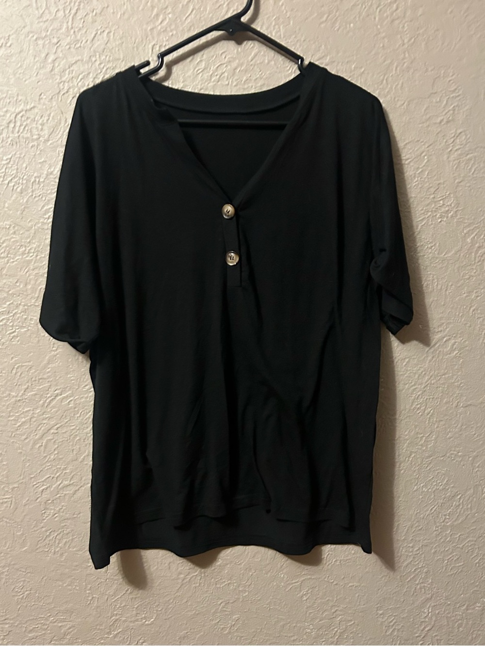 Classic Black V-Neck Short Sleeve Top with Button Placket